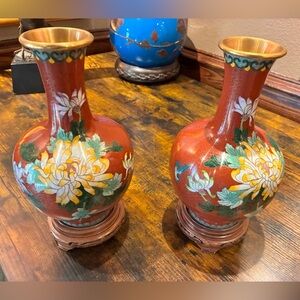Vintage Red Floral Cloisonné pair of Vases Rosewood pedestals 12” tall